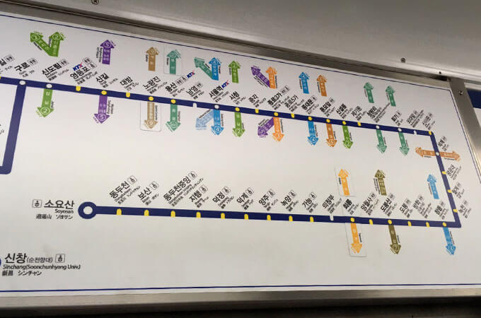 韓国ソウルの車内路線図の見方