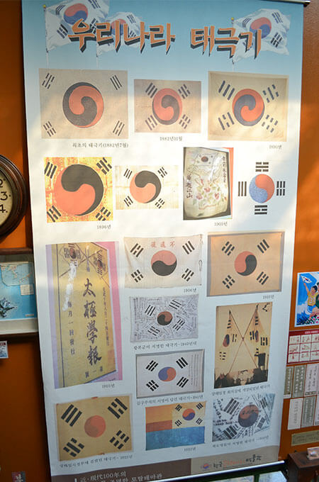 韓国の歴代の国旗「太極旗」が書かれたポスターを写真
