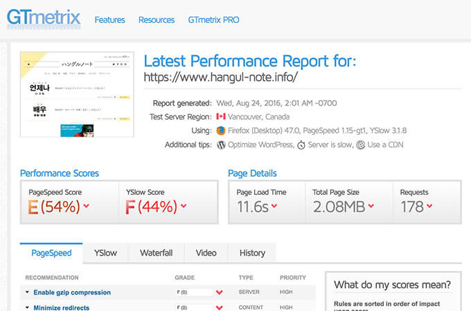 旧サーバーでサイト表示を「GTmetrix」でチェック