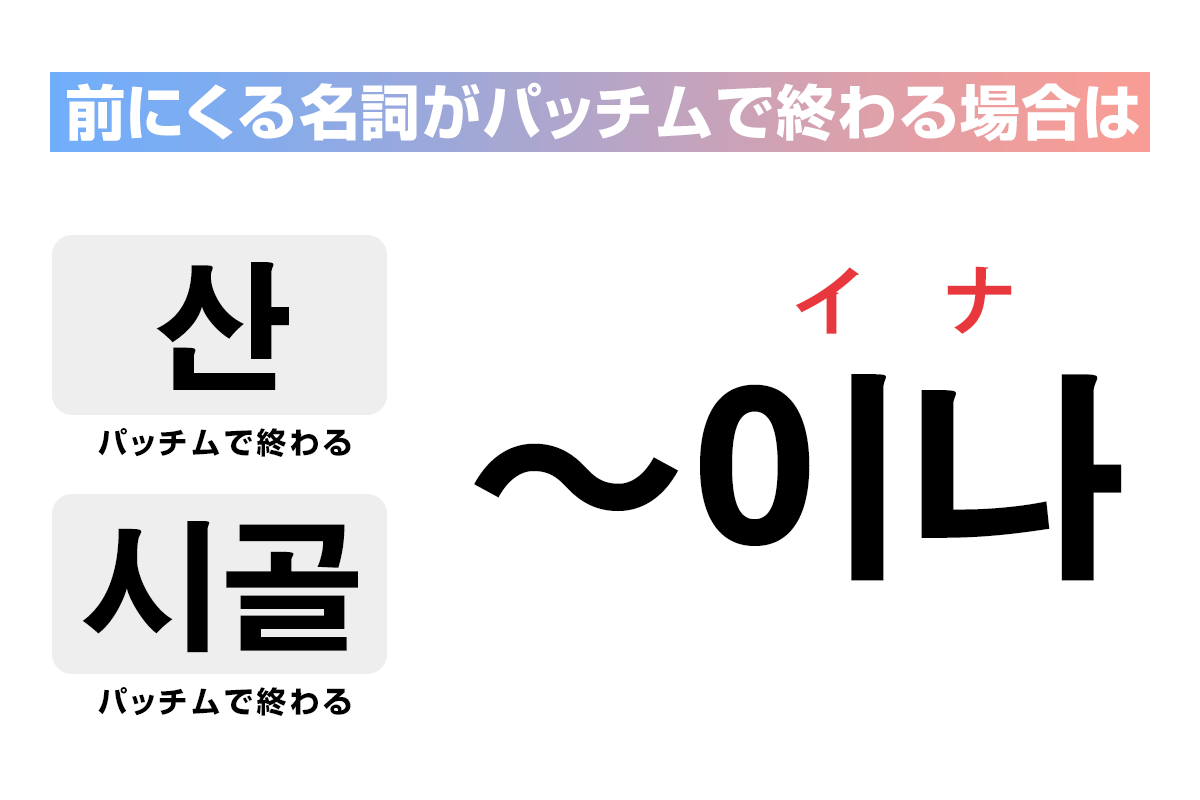 前にくる名詞がパッチムで終わる場合は「이나」