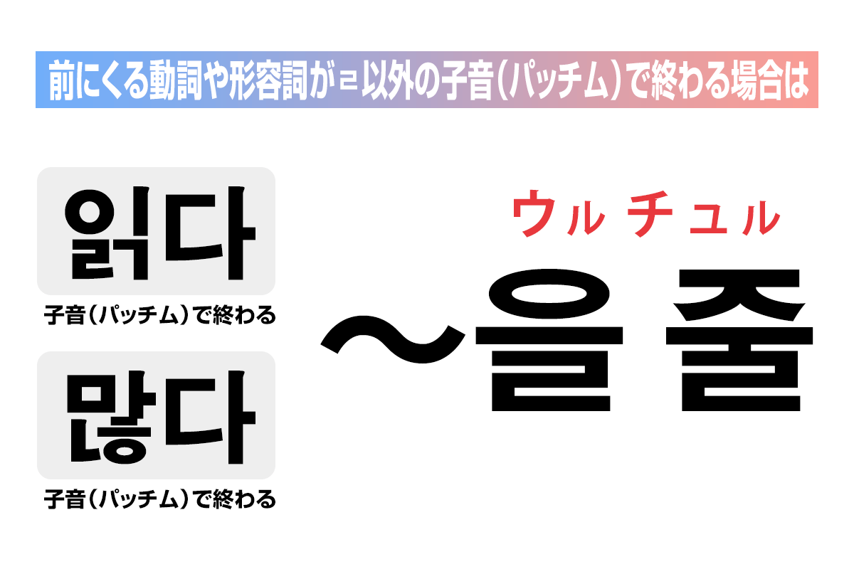 前にくる動詞や形容詞が子音（パッチム）で終わる場合は「〜을 줄」