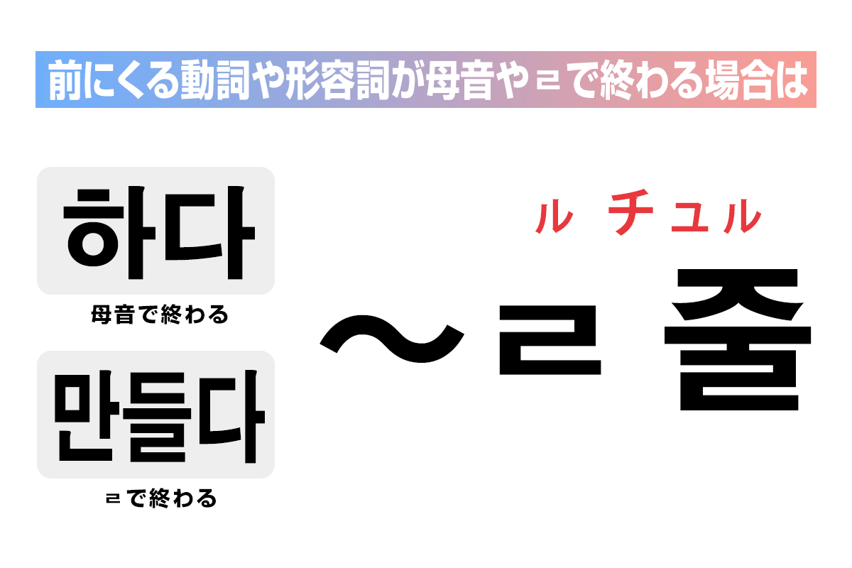 語幹の母音が「ㅏ,ㅗ,ㅑ」以外のときは「〜ㄹ 줄」