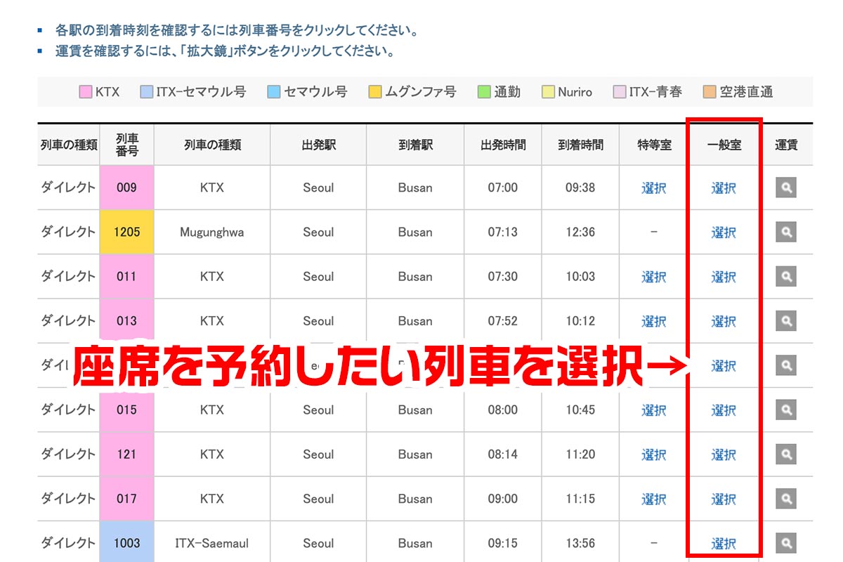 【ステップ4】座席を予約したい高速鉄道を選択